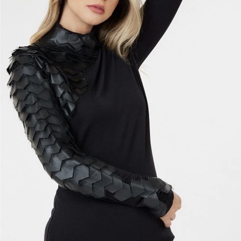 Black Long Sleeve Top with Textured Sleeves faux leather